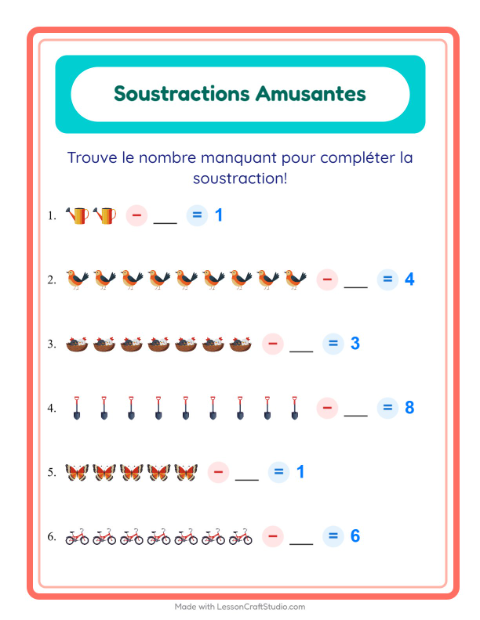 Aperçu de la fiche Soustraction avec Printemps pour École maternelle (grande section, 5-7 ans)