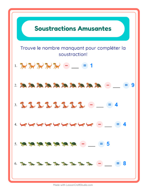 Aperçu de la fiche Soustraction avec Reptiles et amphibiens pour École maternelle (grande section, 5-7 ans)