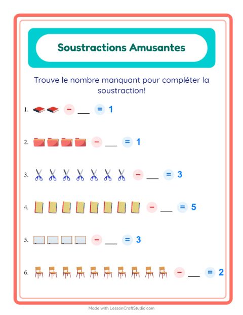 Aperçu de la fiche Soustraction avec Salle de classe pour École maternelle (grande section, 5-7 ans)
