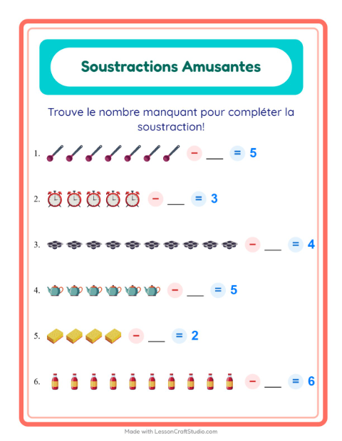Aperçu de la fiche Soustraction avec Ustensiles de cuisine pour École maternelle (grande section, 5-7 ans)