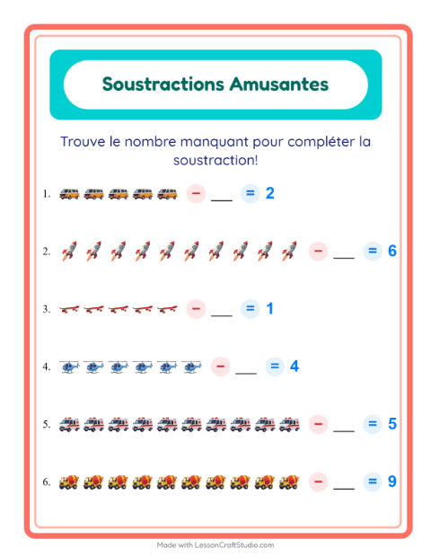 Aperçu de la fiche Soustraction avec Véhicules pour École maternelle (grande section, 5-7 ans)