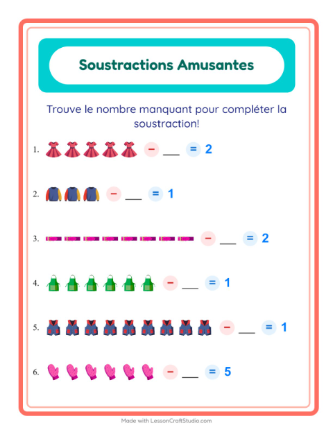 Aperçu de la fiche Soustraction avec Vêtements pour École maternelle (grande section, 5-7 ans)