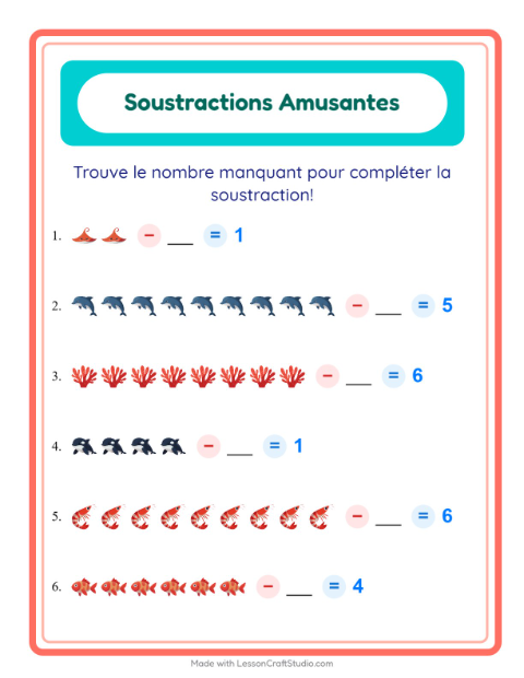 Aperçu de la fiche Soustraction avec Vie océanique pour École maternelle (grande section, 5-7 ans)