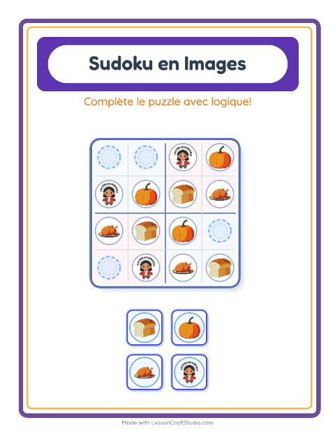 Aperçu de la fiche Sudoku Illustré avec Action de grâce pour École maternelle (grande section, 5-7 ans)