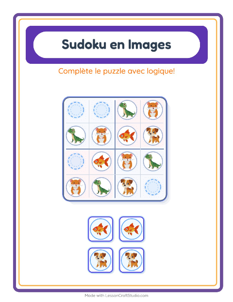 Aperçu de la fiche Sudoku Illustré avec Animaux de compagnie pour École maternelle (grande section, 5-7 ans)