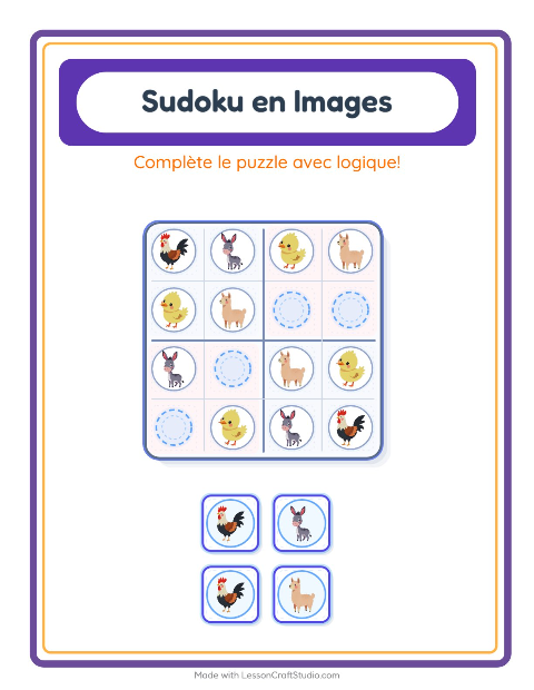 Aperçu de la fiche Sudoku Illustré avec Animaux de la ferme pour École maternelle (grande section, 5-7 ans)