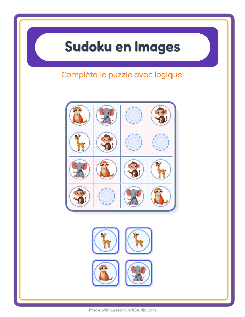 Aperçu de la fiche Sudoku Illustré avec Animaux du zoo pour École maternelle (grande section, 5-7 ans)