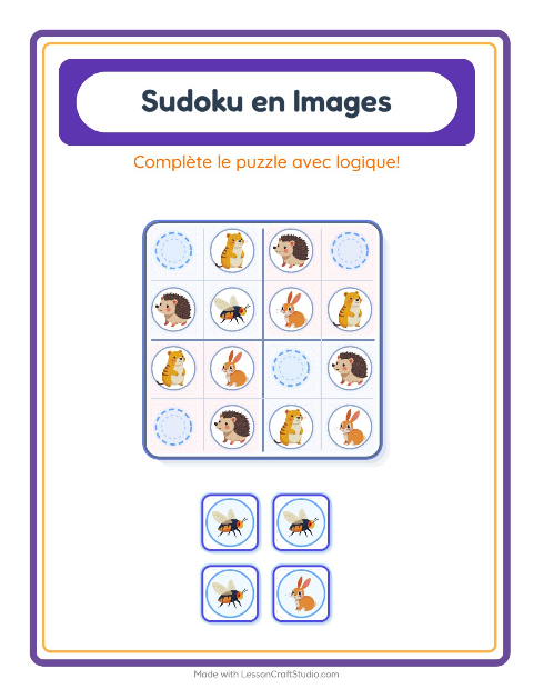 Aperçu de la fiche Sudoku Illustré avec Créatures de la forêt pour École maternelle (grande section, 5-7 ans)