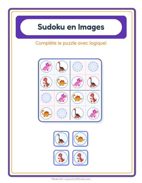 Aperçu de la fiche Sudoku Illustré avec Dinosaures pour École maternelle (grande section, 5-7 ans)