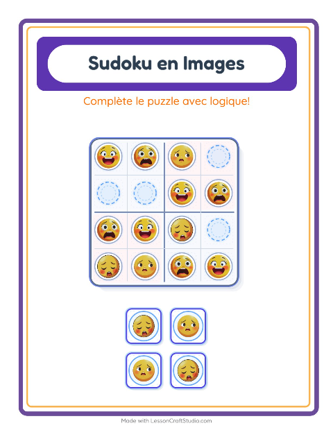 Aperçu de la fiche Sudoku Illustré avec Émotions pour École maternelle (grande section, 5-7 ans)