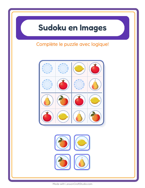 Aperçu de la fiche Sudoku Illustré avec Fruits pour École maternelle (grande section, 5-7 ans)