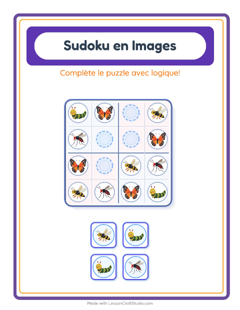 Aperçu de la fiche Sudoku Illustré avec Insectes et bestioles pour École maternelle (grande section, 5-7 ans)