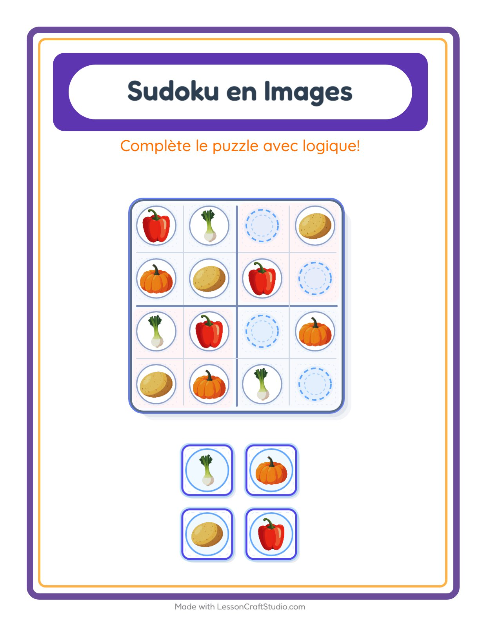 Aperçu de la fiche Sudoku Illustré avec Légumes pour École maternelle (grande section, 5-7 ans)