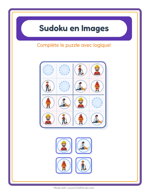 Aperçu de la fiche Sudoku Illustré avec Métiers pour École maternelle (grande section, 5-7 ans)