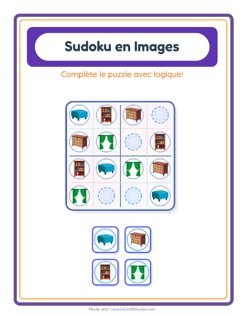 Aperçu de la fiche Sudoku Illustré avec Meubles pour École maternelle (grande section, 5-7 ans)