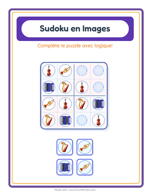 Aperçu de la fiche Sudoku Illustré avec Musique pour École maternelle (grande section, 5-7 ans)
