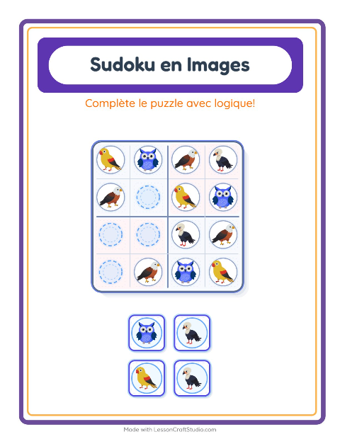 Aperçu de la fiche Sudoku Illustré avec Oiseaux pour École maternelle (grande section, 5-7 ans)