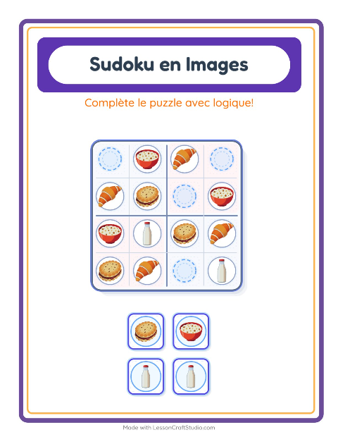 Aperçu de la fiche Sudoku Illustré avec Petit-déjeuner pour École maternelle (grande section, 5-7 ans)
