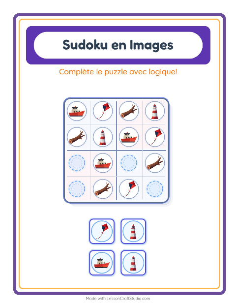 Aperçu de la fiche Sudoku Illustré avec Plage pour École maternelle (grande section, 5-7 ans)