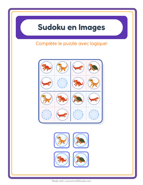 Aperçu de la fiche Sudoku Illustré avec Reptiles et amphibiens pour École maternelle (grande section, 5-7 ans)