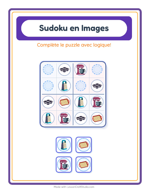 Aperçu de la fiche Sudoku Illustré avec Ustensiles de cuisine pour École maternelle (grande section, 5-7 ans)