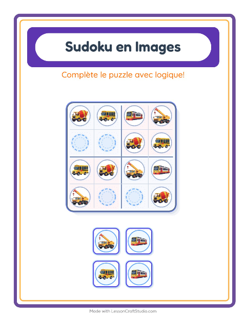 Aperçu de la fiche Sudoku Illustré avec Véhicules pour École maternelle (grande section, 5-7 ans)