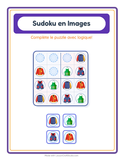 Aperçu de la fiche Sudoku Illustré avec Vêtements pour École maternelle (grande section, 5-7 ans)