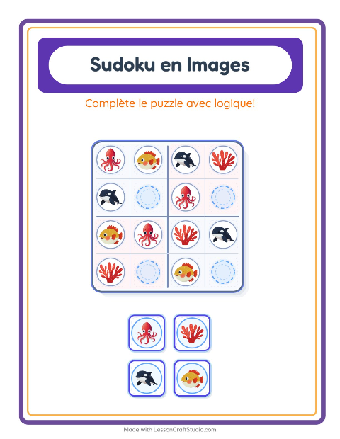 Aperçu de la fiche Sudoku Illustré avec Vie océanique pour École maternelle (grande section, 5-7 ans)