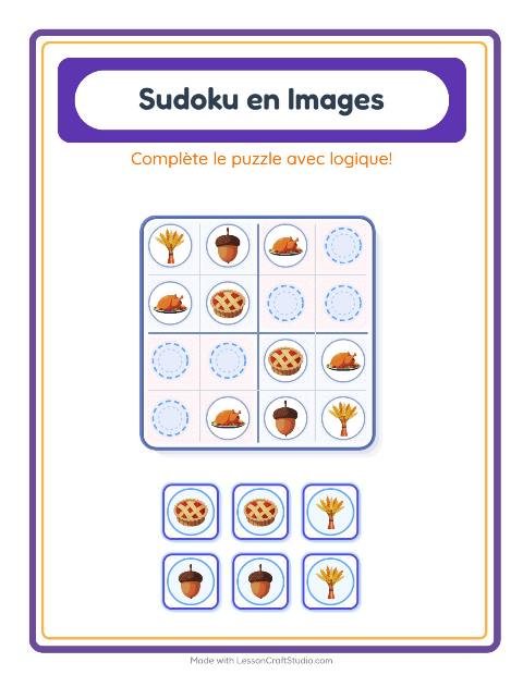 Aperçu de la fiche Sudoku Illustré avec Action de grâce pour École maternelle (grande section, 5-7 ans)