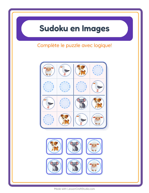 Aperçu de la fiche Sudoku Illustré avec Animaux pour École maternelle (grande section, 5-7 ans)