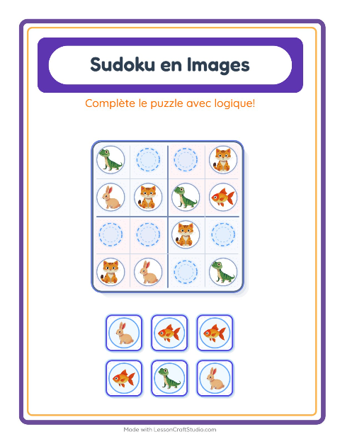 Aperçu de la fiche Sudoku Illustré avec Animaux de compagnie pour École maternelle (grande section, 5-7 ans)