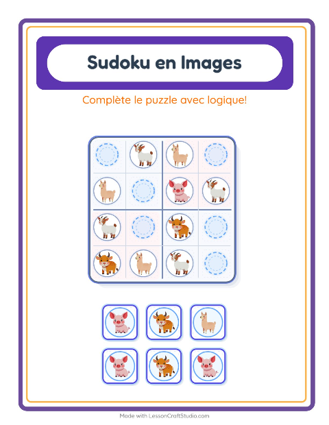 Aperçu de la fiche Sudoku Illustré avec Animaux de la ferme pour École maternelle (grande section, 5-7 ans)