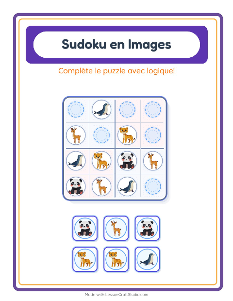 Aperçu de la fiche Sudoku Illustré avec Animaux du zoo pour École maternelle (grande section, 5-7 ans)