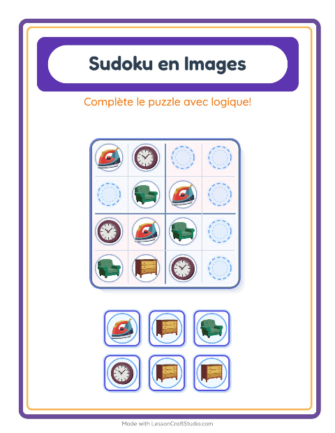 Aperçu de la fiche Sudoku Illustré avec Autour de la maison pour École maternelle (grande section, 5-7 ans)
