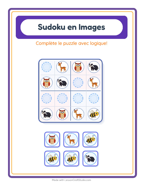 Aperçu de la fiche Sudoku Illustré avec Créatures de la forêt pour École maternelle (grande section, 5-7 ans)
