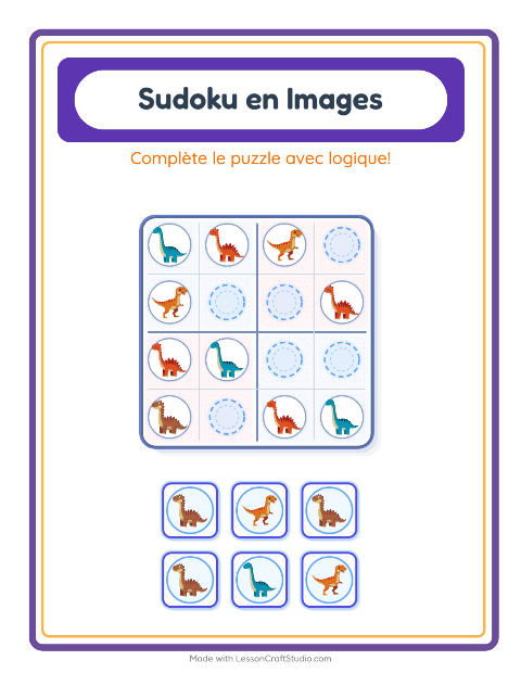 Aperçu de la fiche Sudoku Illustré avec Dinosaures pour École maternelle (grande section, 5-7 ans)