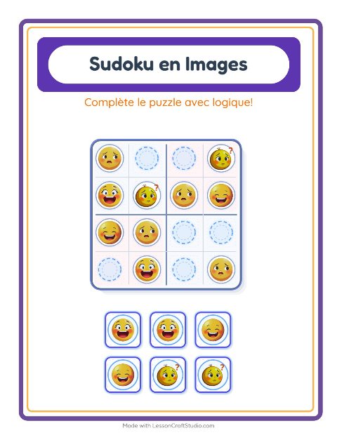 Aperçu de la fiche Sudoku Illustré avec Émotions pour École maternelle (grande section, 5-7 ans)