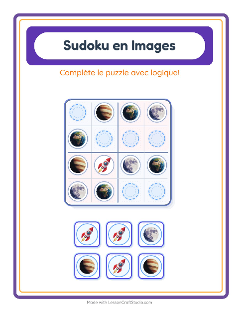 Aperçu de la fiche Sudoku Illustré avec Espace pour École maternelle (grande section, 5-7 ans)