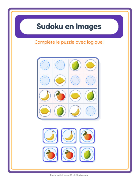 Aperçu de la fiche Sudoku Illustré avec Fruits pour École maternelle (grande section, 5-7 ans)