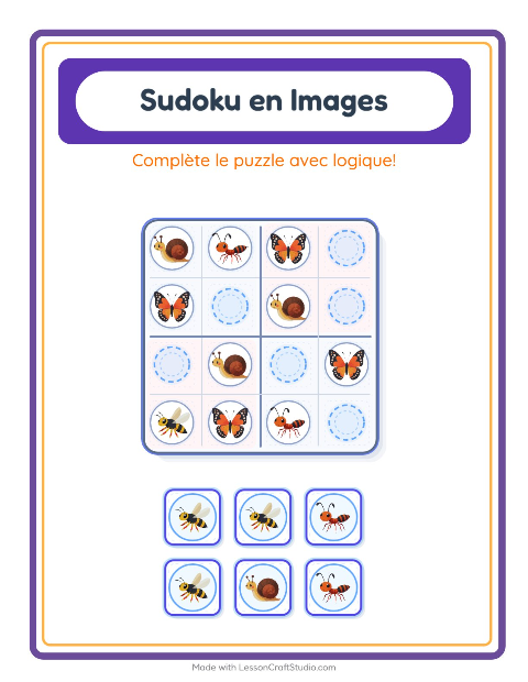 Aperçu de la fiche Sudoku Illustré avec Insectes et bestioles pour École maternelle (grande section, 5-7 ans)