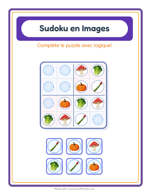 Aperçu de la fiche Sudoku Illustré avec Légumes pour École maternelle (grande section, 5-7 ans)