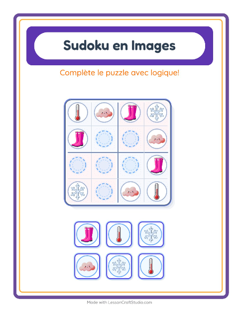 Aperçu de la fiche Sudoku Illustré avec Météo pour École maternelle (grande section, 5-7 ans)