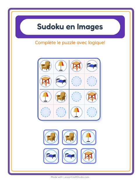 Aperçu de la fiche Sudoku Illustré avec Meubles pour École maternelle (grande section, 5-7 ans)