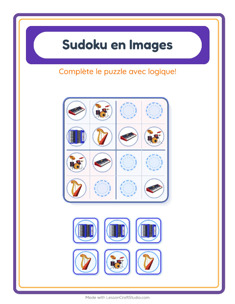 Aperçu de la fiche Sudoku Illustré avec Musique pour École maternelle (grande section, 5-7 ans)
