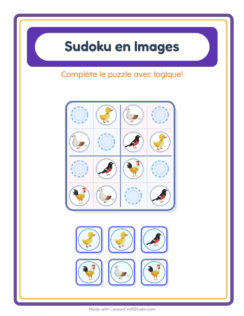 Aperçu de la fiche Sudoku Illustré avec Oiseaux 2 pour École maternelle (grande section, 5-7 ans)