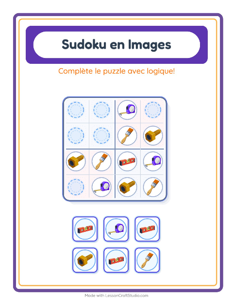 Aperçu de la fiche Sudoku Illustré avec Outils pour École maternelle (grande section, 5-7 ans)