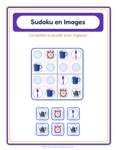 Aperçu de la fiche Sudoku Illustré avec Ustensiles de cuisine pour École maternelle (grande section, 5-7 ans)