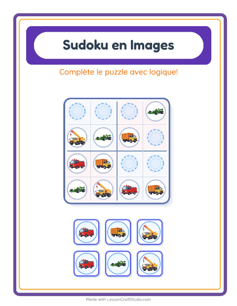 Aperçu de la fiche Sudoku Illustré avec Véhicules pour École maternelle (grande section, 5-7 ans)