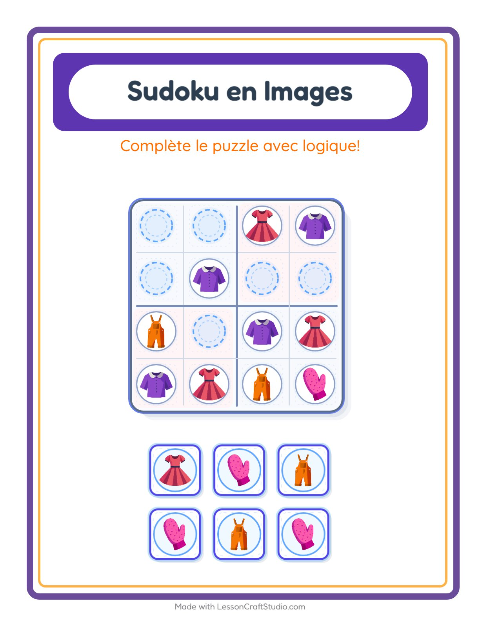Aperçu de la fiche Sudoku Illustré avec Vêtements pour École maternelle (grande section, 5-7 ans)