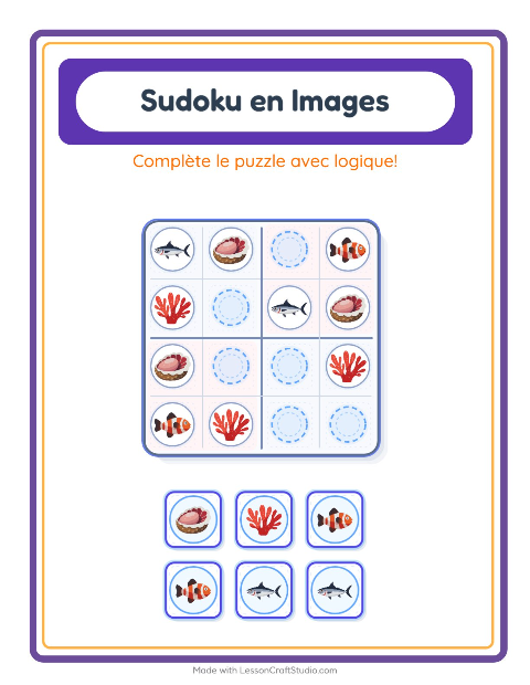 Aperçu de la fiche Sudoku Illustré avec Vie océanique pour École maternelle (grande section, 5-7 ans)
